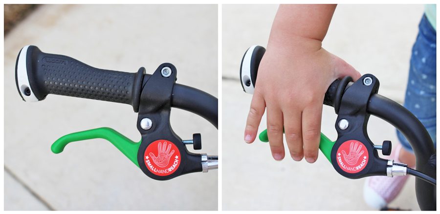 woom's ergonomic grip and green brake lever
