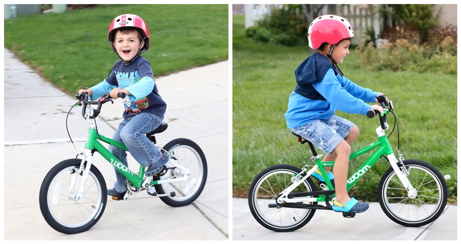 Boy riding the woom 3 when he was 4 years old and again when he's 6 years old to show sizing difference.