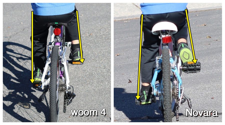 image showing the difference in the q factor of the woom 4 versus a novara 20 inch