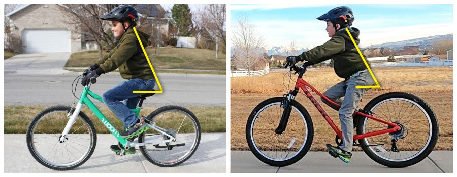 two side by side images of a boy riding the more upright woom 5 and the more aggressive trek precaliber