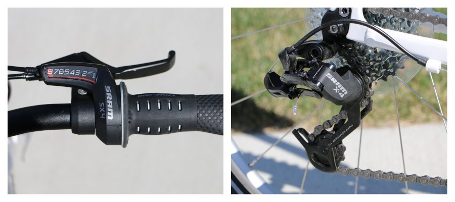 a close up of the SRAM X4 grip shifter and X4 derailleur on the woom 5 24 inch bike