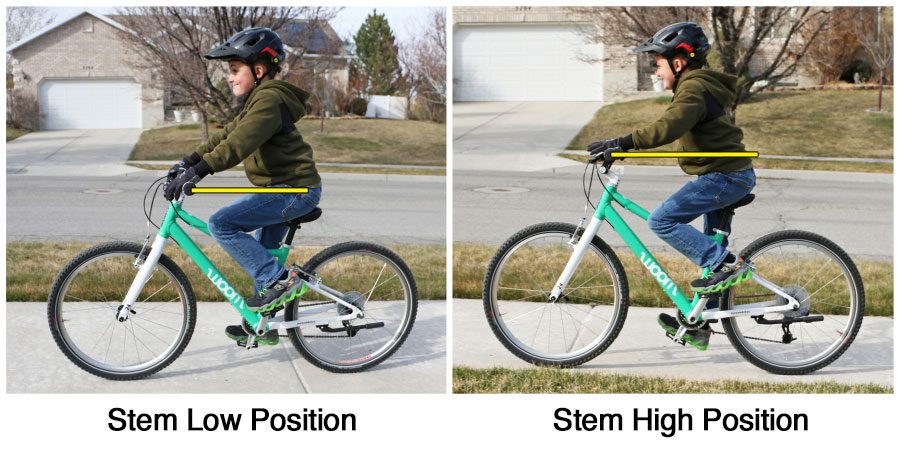 side by side images showing how raising the adjustable stem on the woom 5 changes the riders arm position on the bike