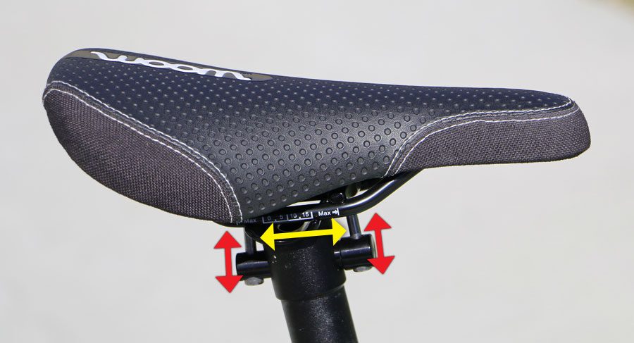 diagram showing the adjustability of the woom 5 bike saddle