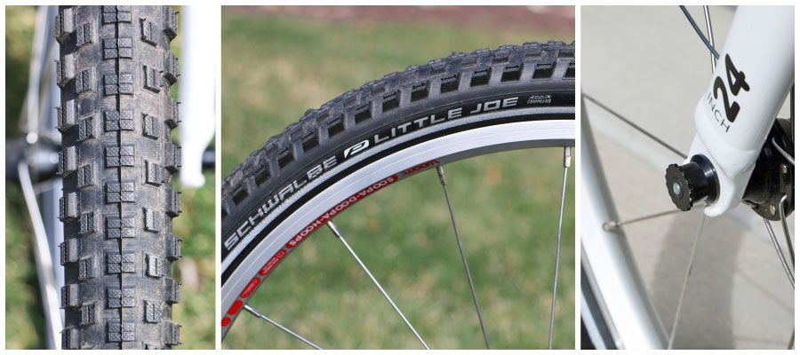 close up images of the schwalbe tires on the woom 5