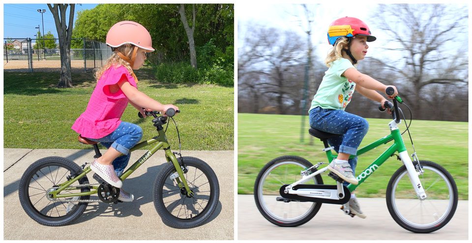 Side by side body position comparison of 3 year old on Cleary Hedgehog and woom 3