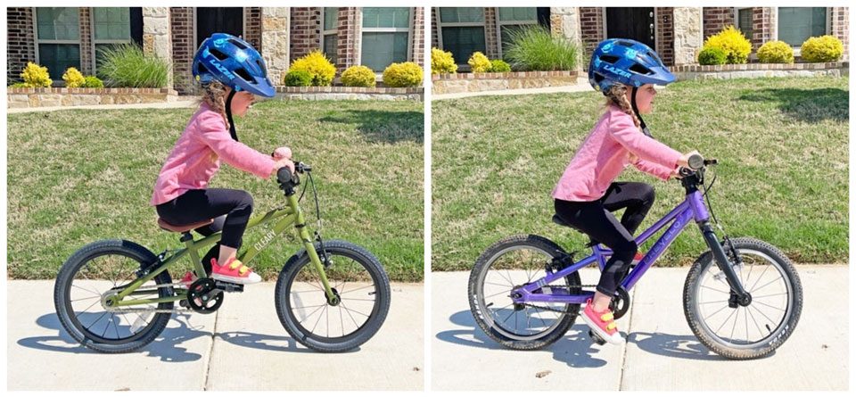 Side by side comparison of small rider on Cleary Hedgehog and Prevelo 16 inch bikes