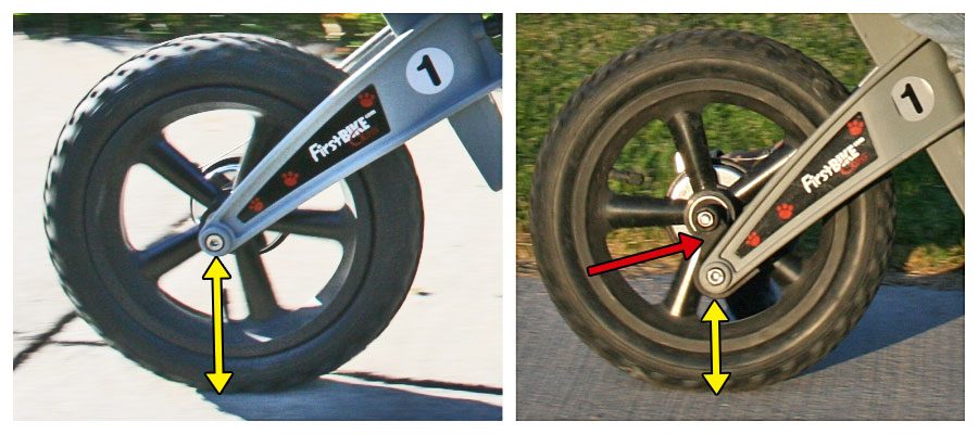 Image showing the difference in the frame position of the FirstBIKE when the lowering kit is installed
