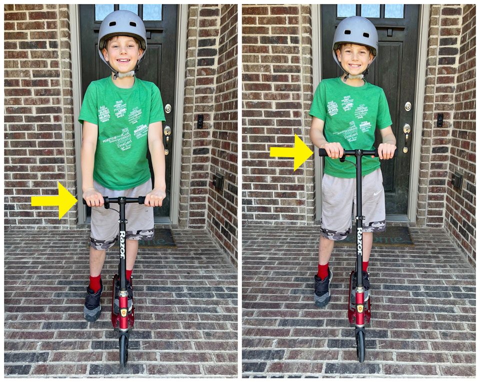 Side by side comparison of Razor Power A2 electric scooter with handlebars set to highest and lowest point