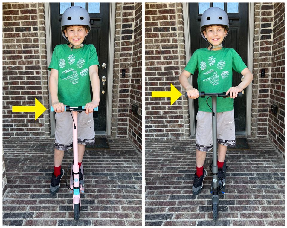 Side by side comparison of handlebars on kids electric scooter that are not adjustable