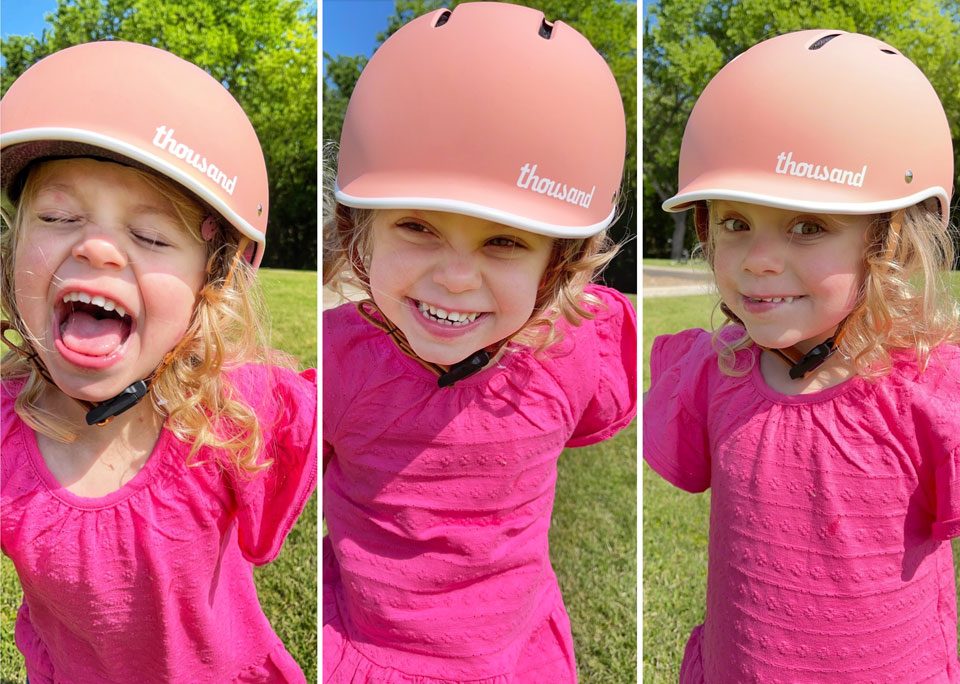 Young girl wearing Thousand Jr bike helmet for kids. Collage of her laughing and making faces.