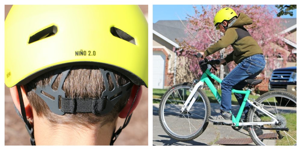 image showing how the bern nino elastic adjust system works and a child riding a bike wearing the bern nino