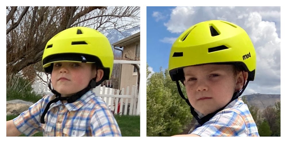images showing the difference in visibility of a boy wearing a bern nino 2.0 with a visor and without