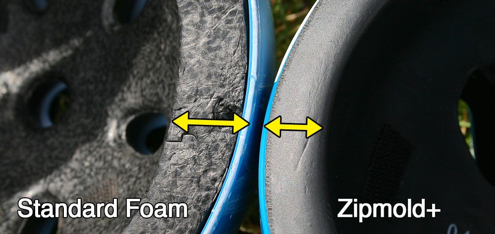 image showing the difference in thickness of the standard foam vs. he zipmold on the bern kids helmet nino 2.0