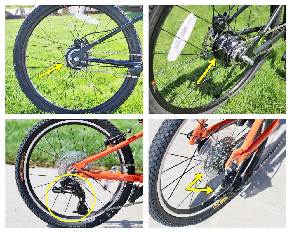 image showing the differences between an internally geared hub and a standard derailluer