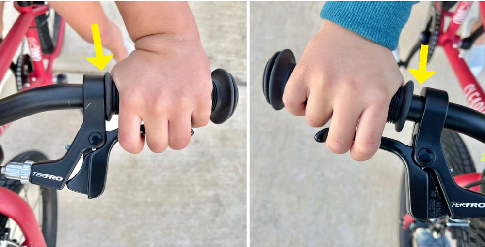 Side by side comparison of child using 2 finger and 3 finger braking on Cleary Owl