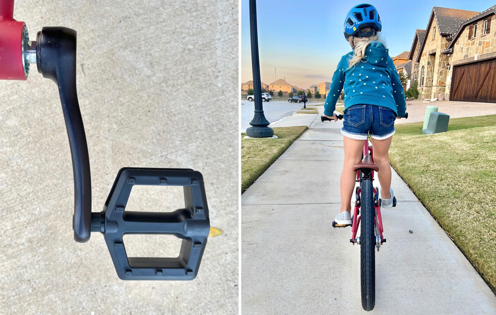 Wide crank arm of Cleary Owl and child standing up on pedals with wide base