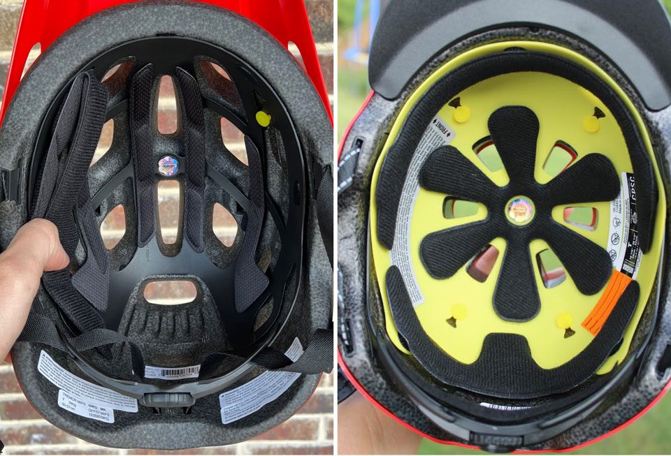 Interior of Giro Tremor helmet, showing plastic MIPS layer compared to the larger plastic layer of the Nutcase Little Nutty