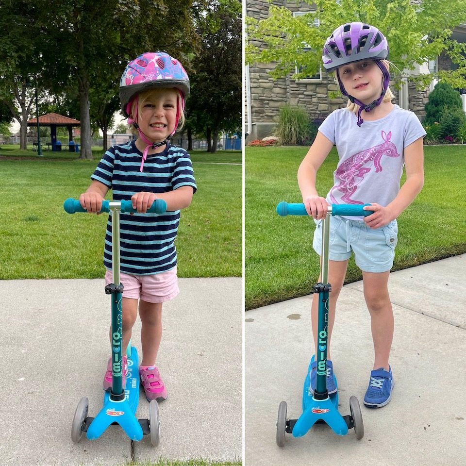 Side by side comparison of 3 year old and 6 year old on Micro Mini Scooter