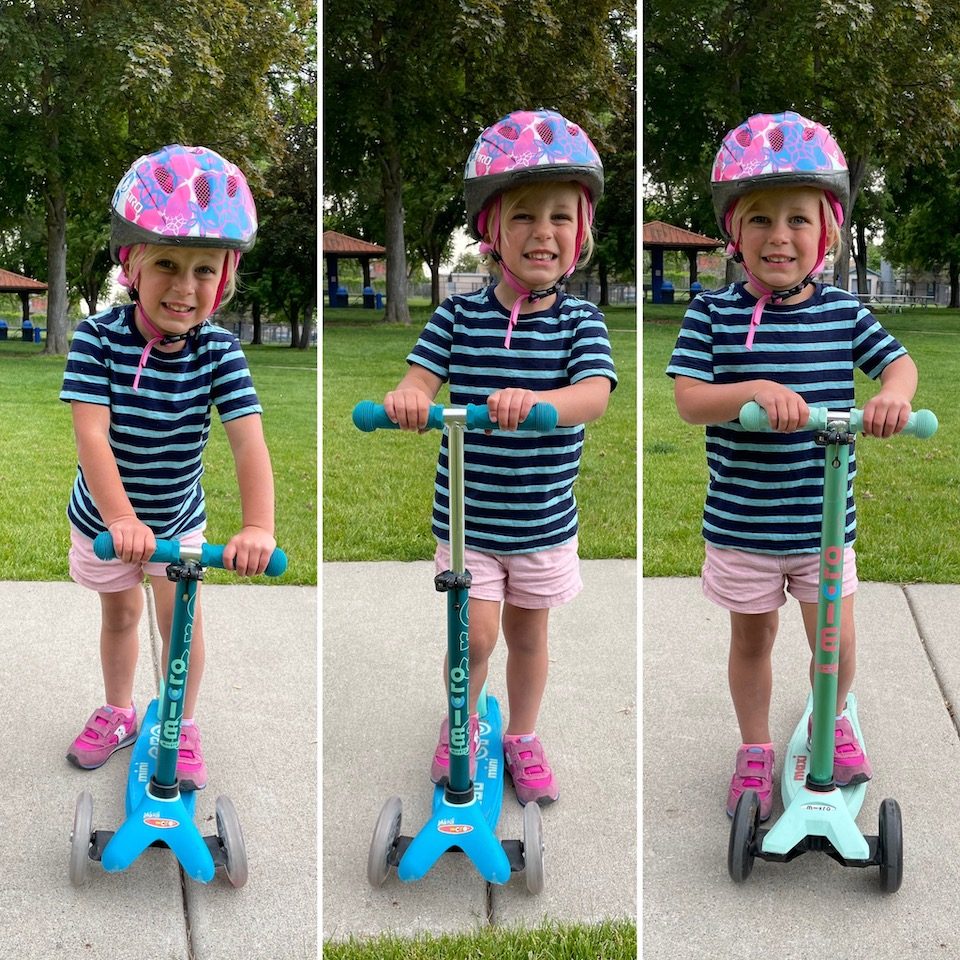 Three images side by side comparing scooter sizing with the same 3 year old - Micro Mini with handlebars at lowest point, then at highest point. Then Micro Maxi with handlebars at lowest point.
