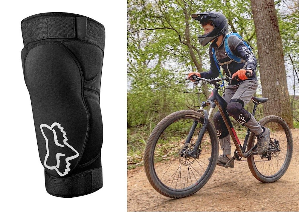 Boy on mountain bike wearing Fox Launch youth knee pads