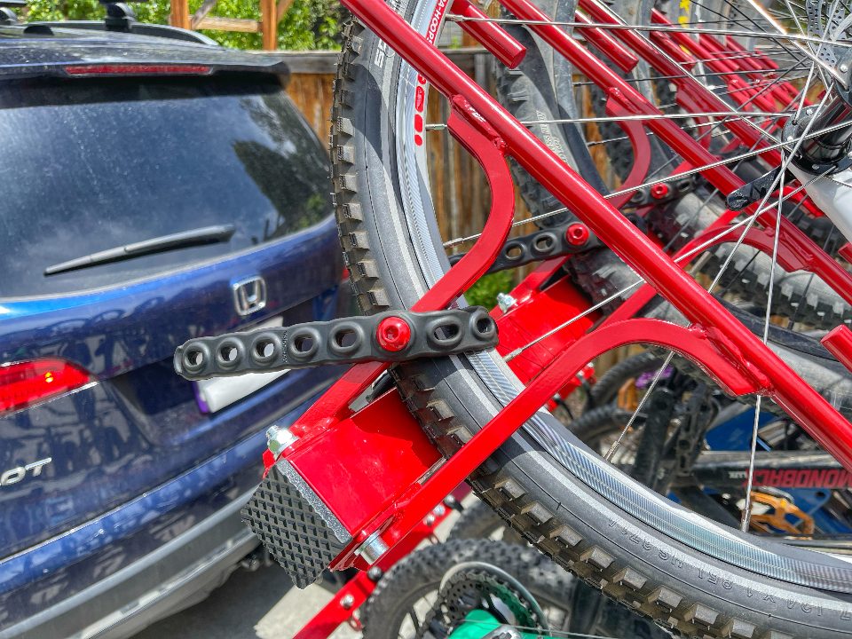 Top tire tie down on Velocirax bike rack