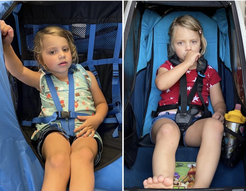 Side by side comparison of 3 year old in Schwinn Shuttle with a sagging seat, and a nicer trailer with a bench seat