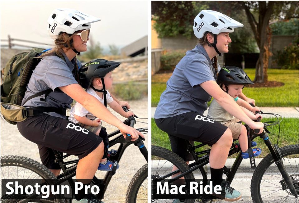 Side by side comparison of mom on Shotgun Pro and Mac Ride with Pro seat shifted back