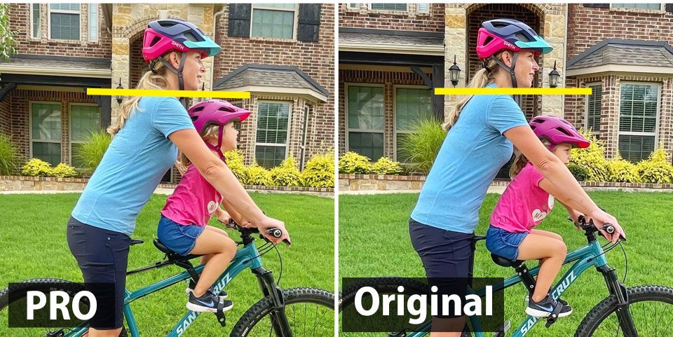 Side shot of Mom and 3 year old using Shotgun Pro and Shotgun original seats. Shows how on the Pro, the child is much closer to the mom's chin.