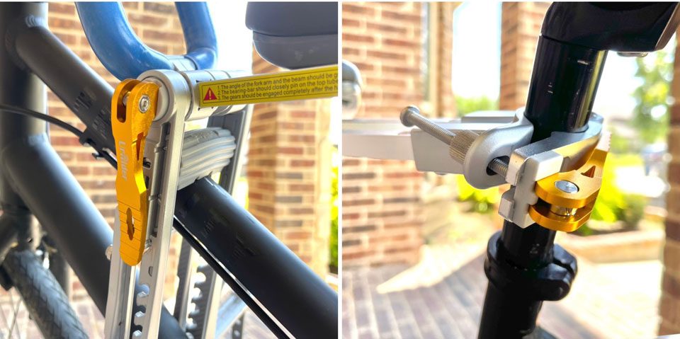 Two points of contact of bike with UrRider - front support bar is rubberized, rear seat post hinge has quick release