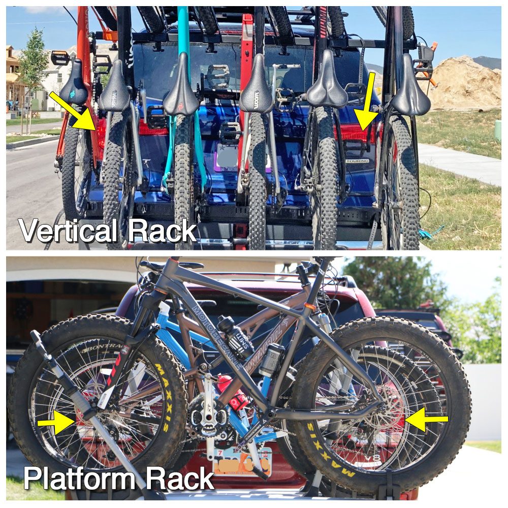 image showing how the tail lights and brake lights are more visible on a car with a vertical rack as compared to a platform rack