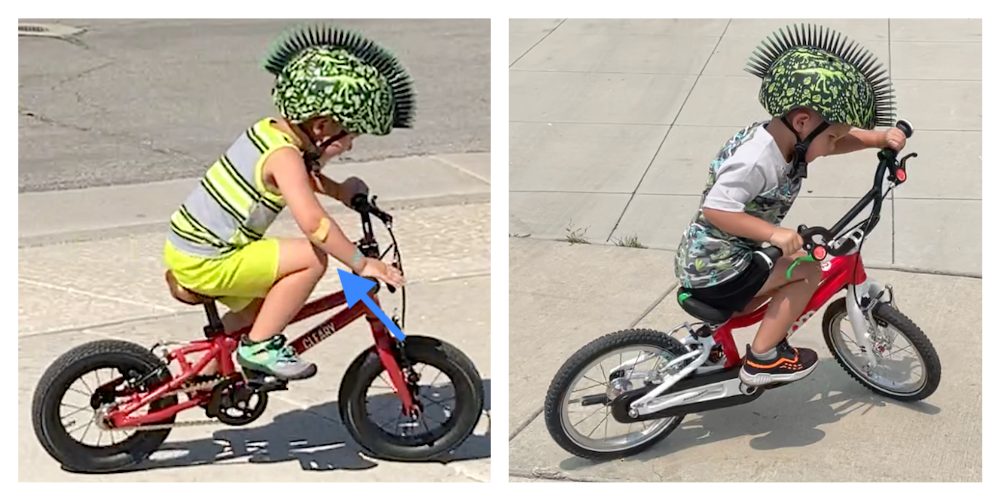 Young boy riding the Cleary Gecko and the woom 2 with his knees hitting his arm or handlebars