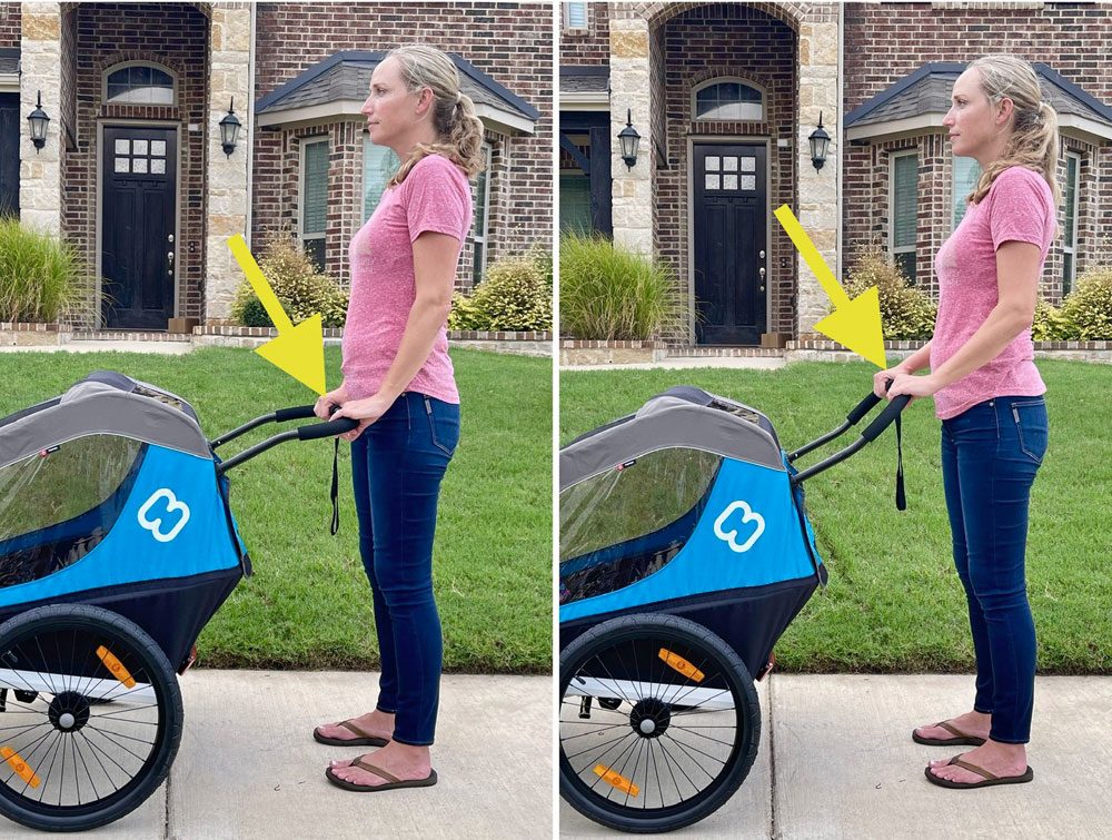 Woman demonstrating two handlebar height settings of Hamax Traveller