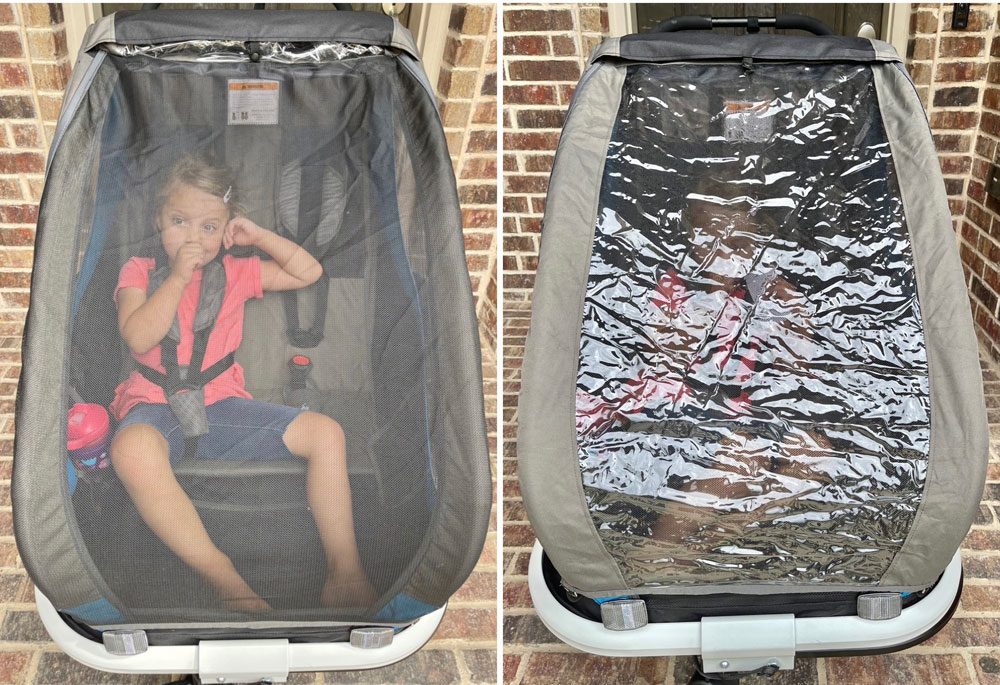 side by side comparison of Hamax Traveller with mesh cover tied down and rain cover tied down