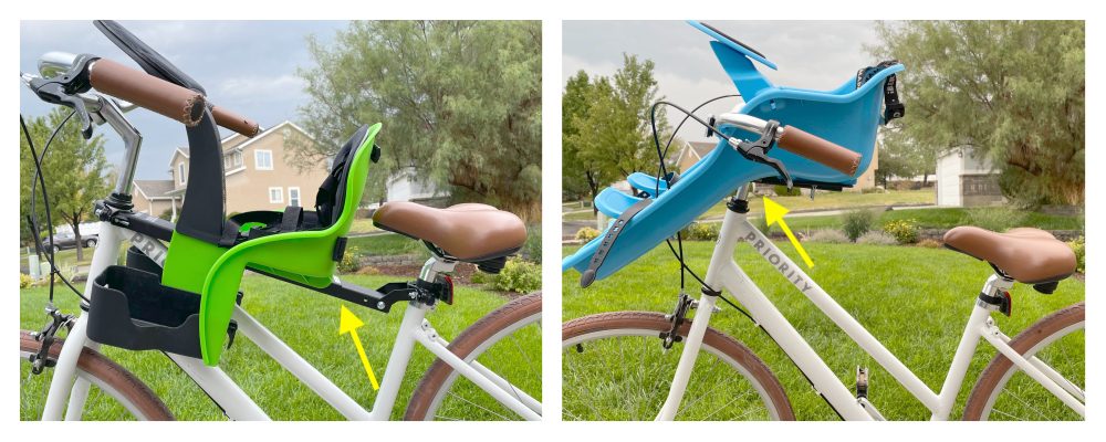 image showing the differences in the mounting style of the ibert and the weeride child bike seat