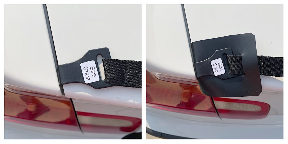 Trunk track mounting hook with and without a plastic paint protector