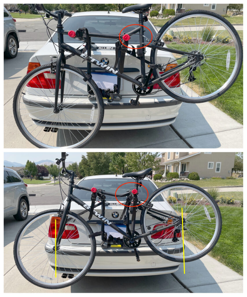 Bike shifted left and right to center the bike on a trunk rack.