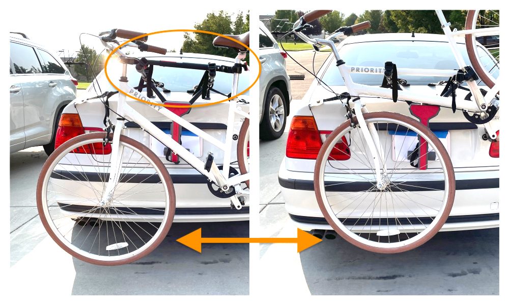 image showing how the use of an adaptor bar on a trunk rack greatly lowers the position of the bike while on the rack