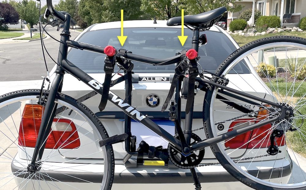 Adult bike loaded nicely onto an Allen trunk bike rack