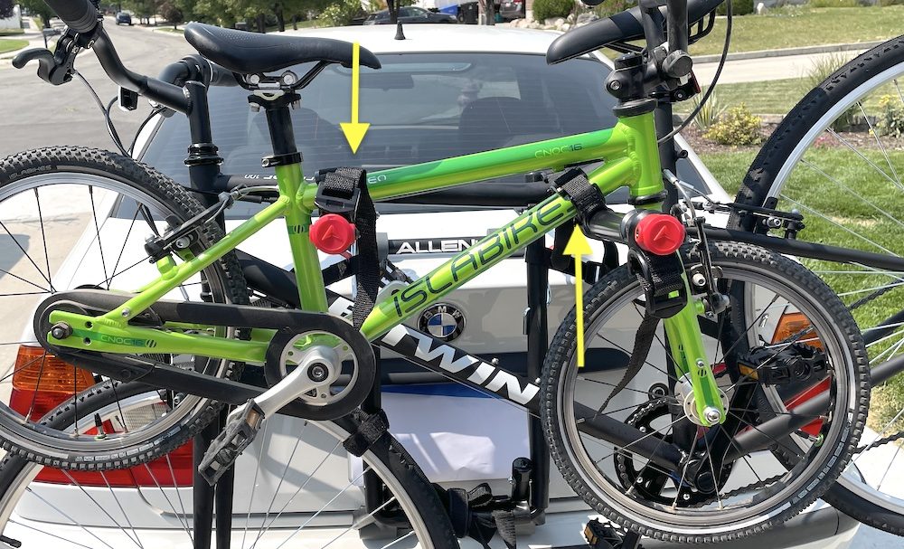 16" kids bike loaded nicely onto an Allen trunk bike rack