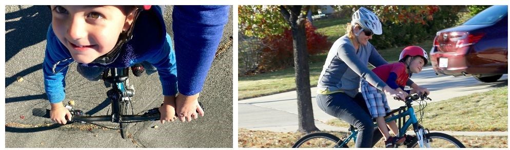 Mom riding with son in the neighborhood using the Mac Ride bike seat