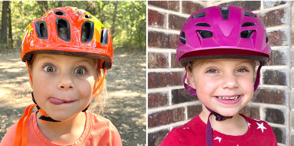 Side by side comparison of Kali Chakra Child and Giro Tremor Child. Shot from front, showing how low the helmets come on the child's forehead.