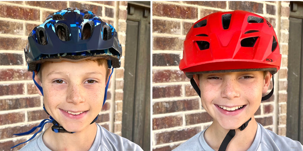 Side by side comparison of Kali Chakra Youth and Giro Tremor Youth. The Chakra is a more shallow helmet.