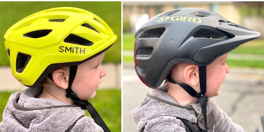 Side by side comparison of 2 year old wearing Smith Zip Jr and the Giro Tremor Child