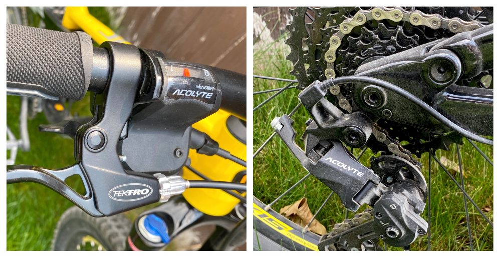 close up of the microshift acolyte trigger shifter and derailleur