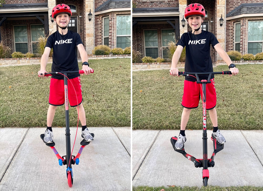 Side by side comparison of 11 year old on the Y Fliker A3 and Y Fliker Lift scooters