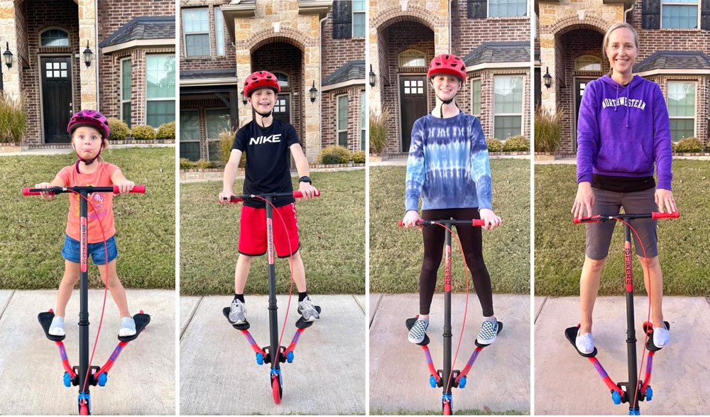collage sizing comparison of the Y Fliker A3 with 4 year old, 11 year old, 13 year old, and mom