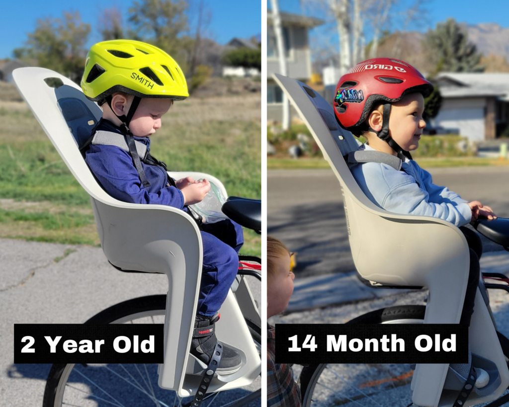 Baby and toddler testing the Decathlon Elops Rear Bike Seat