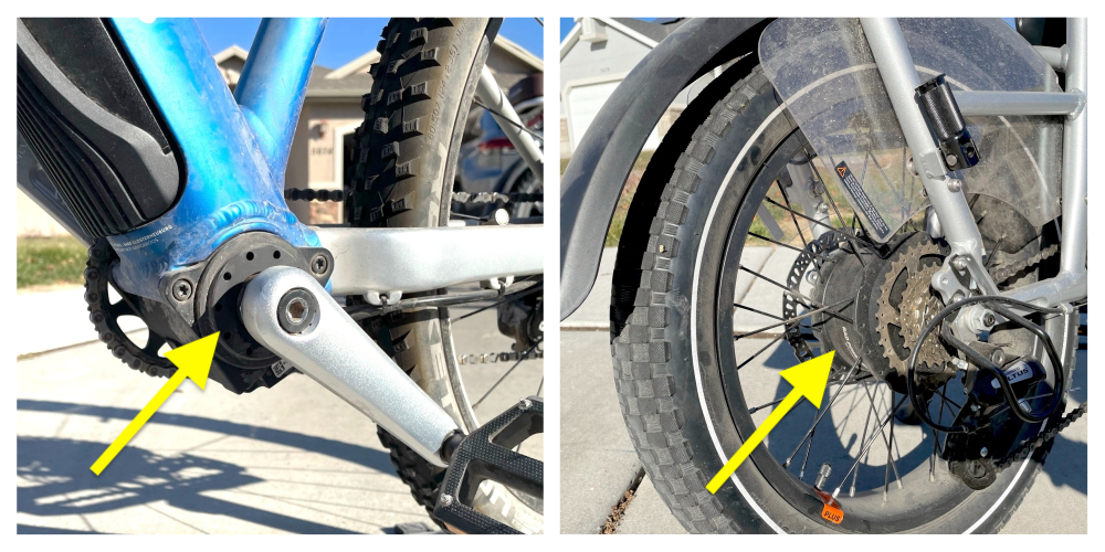 Collage showing a mid-drive vs hub motor on electric bicycle