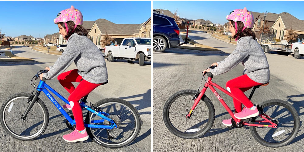 7 year old rider on the Prevelo Alpha Three vs the Cleary Owl. She is more hunched over on the Alpha Three.