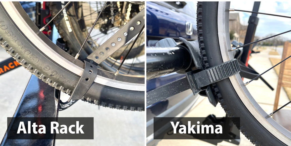 Side by side comparison of rear wheel of 20" bike on Alta Rack vs Yakima HangTight